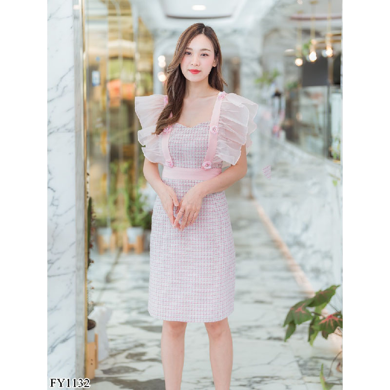 kudapy เดรสสั้นสีเขียว/สีชมพู ผ้าทวิตแขนระบาย