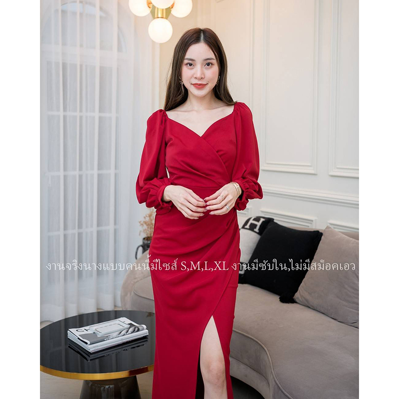 kudapy เดรสราตรีแขนยาวปาดคอวีสีแดง/สีเขียว/สีชมพู ผ่าสูงข้าง งานสวยคุ้มราคา ซิปหลังมีซับใน เริ่ดมากก