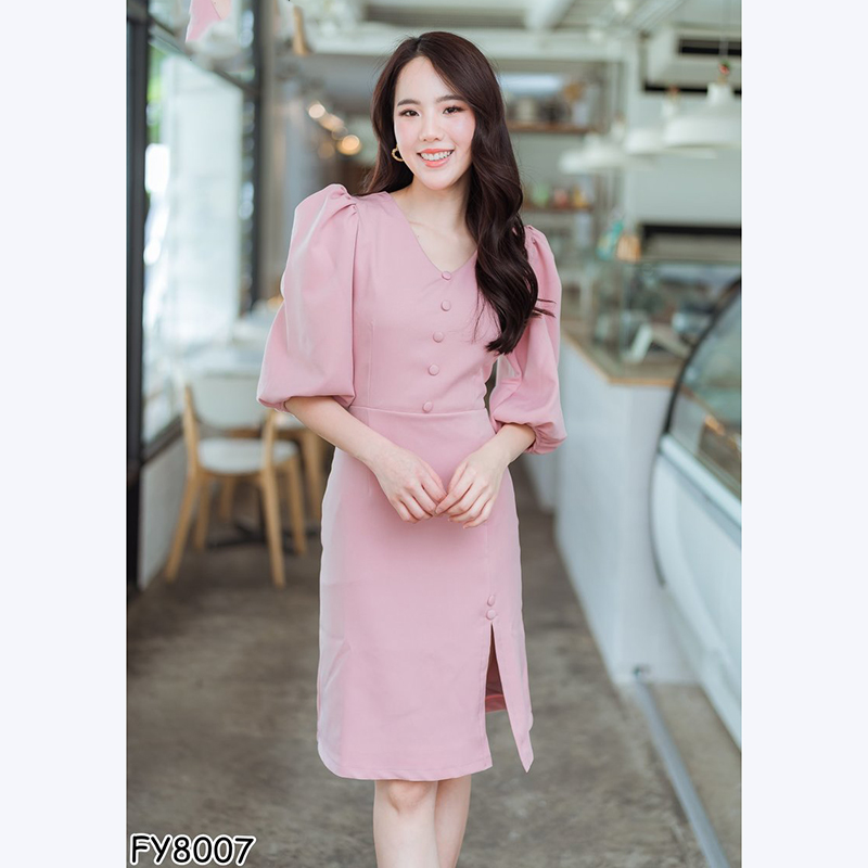 kudapy เดรสสั้นสีแดง,ชมพู แขนจั๊มคอวีกระดุมกลางดูดีสวย