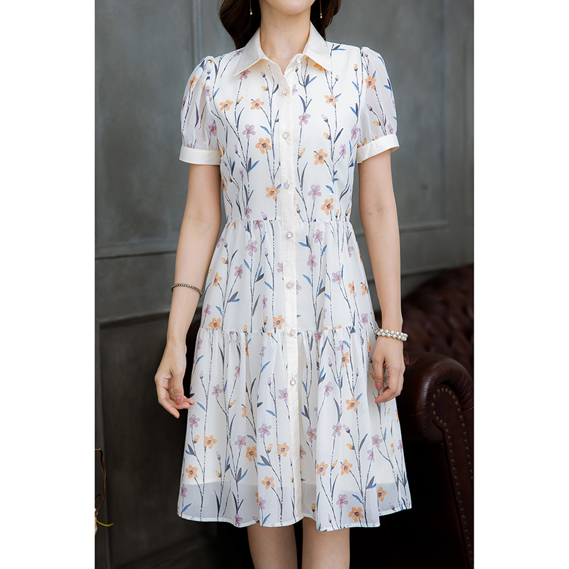 kudapy เดรสสั้นสีครีม/สีชมพู คอปกกระดุมหน้า ผ้าชีฟองลายดอกสวยหวาน แพทเทิร์นสวยเก๋