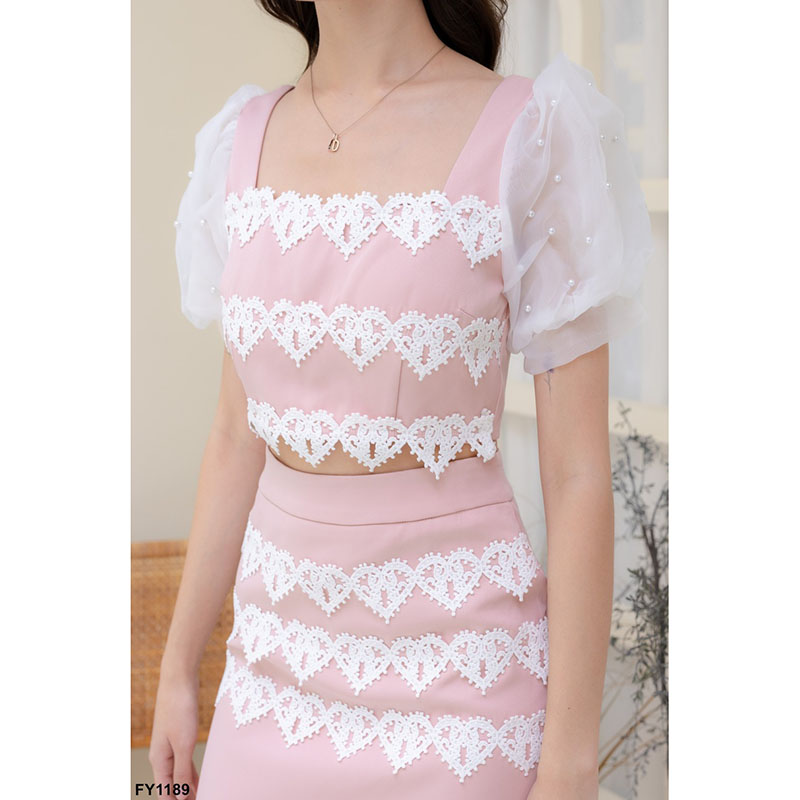 kudapy ชุดเซ็ทกระโปรงสีครีม/สีชมพู กางเกง แขนผ้าแก้วแต่งลูกไม้
