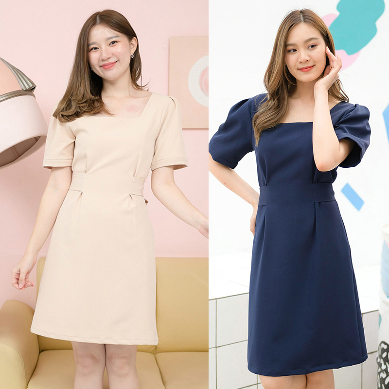 kudapy เดรสสั้นสีครีม/สีกรม ทรงเอ คอเหลี่ยม แพทเทิร์นเข้ารูปเอว มีโบว์ให้ผูกด้านหลังตามขนาดเอวจริง