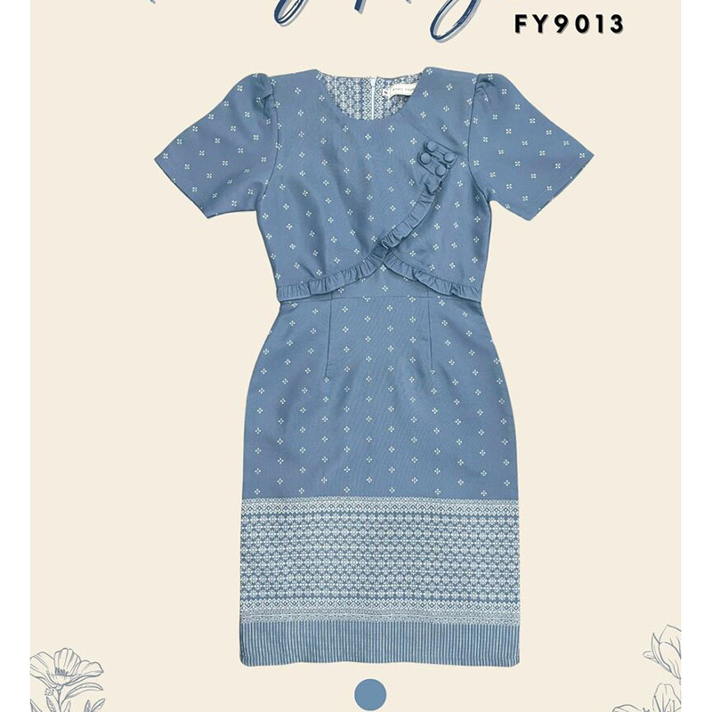 kudapy เดรสสั้นสีฟ้า ผ้าไทยวันแม่เข้ารูป ใส่ออกงาน ใส่ทำงานสวยดูดี