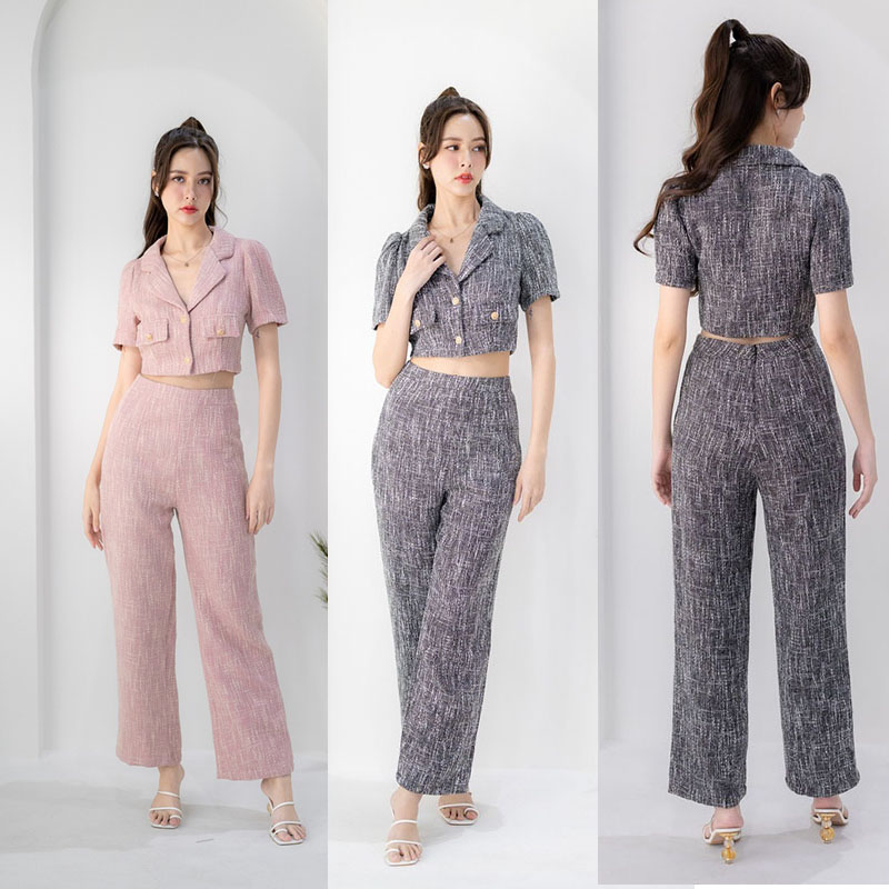kudapy เซ็ทผ้าทวิตเสื้อปกสูท+กางเกงขายาวสีชมพู/สีดำ