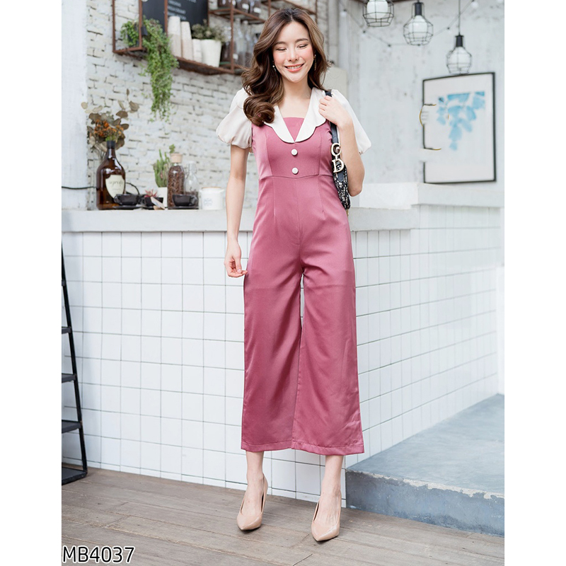 kudapy จั๊มสูทสีชมพู/ยีนส์สีอ่อน คอวีระบายขายาวใส่สบายสวยดูดี