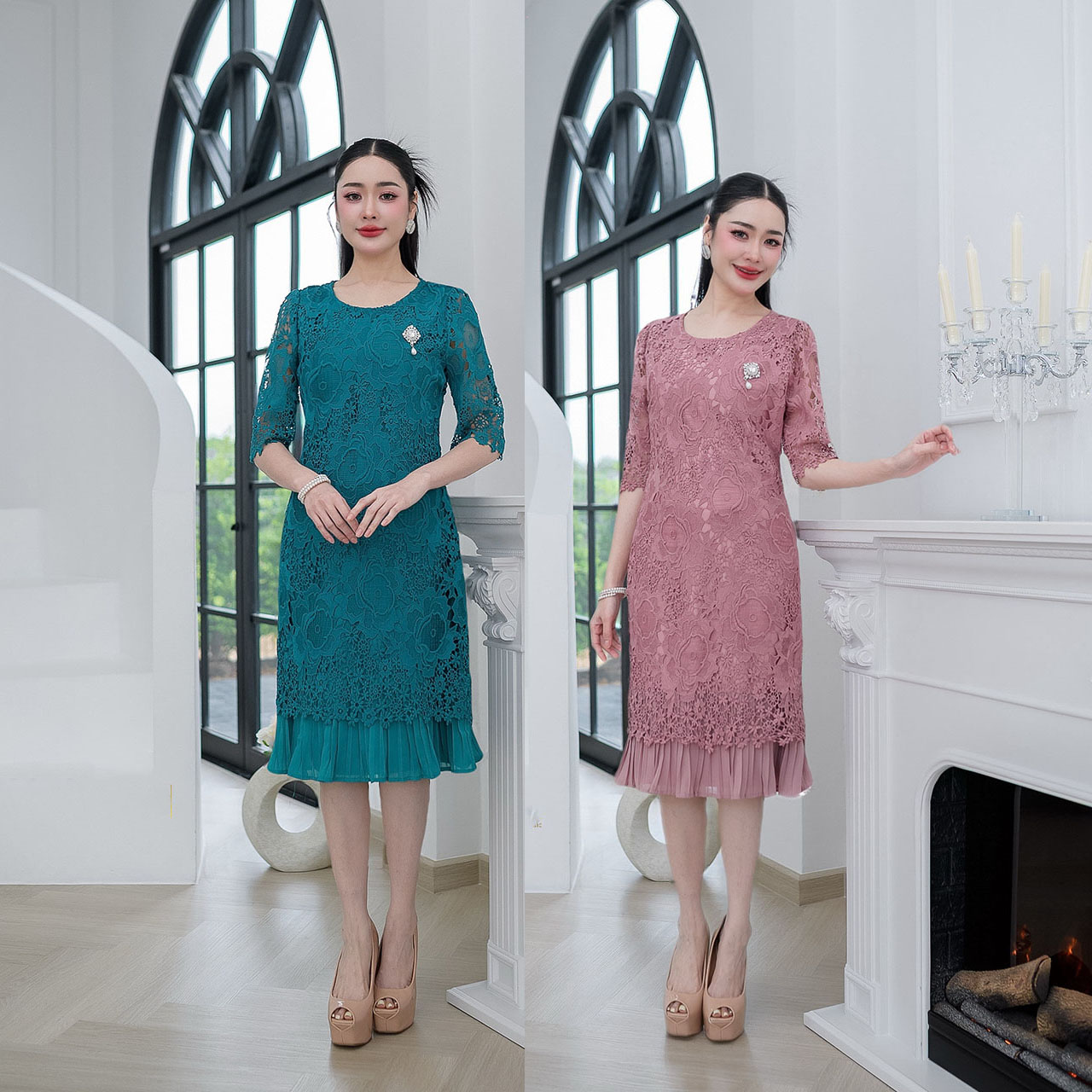 kudapy เดรสสั้นสีชมพูกะปิ/สีเขียว ลูกไม้ทอลายดอกไม้เนื้อนิ่มลายสวย แขนศอก เดรสทรงเรียบหรูใส่ง่าย แต่งชายกระโปรงพลีทด้านใน ผ้าทอลายเส้นเรียงสวยเกรดดี