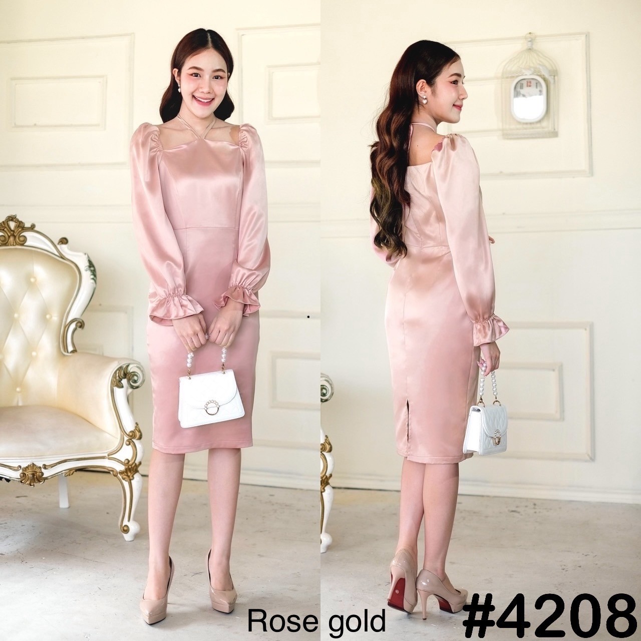 kudapy เดรสอกสามเหลี่ยม ดีเทลเชือกผูกหลังคอ แขนตุ๊กตายาว ปลายแขนแต่งระบาย