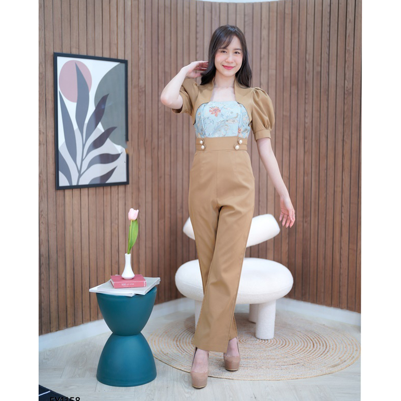 kudapy จั๊มสูทขายาวสีชมพู/สีน้ำตาล อกผ้าทอสวยดูดีใส่ออกงานน่ารักมากๆ