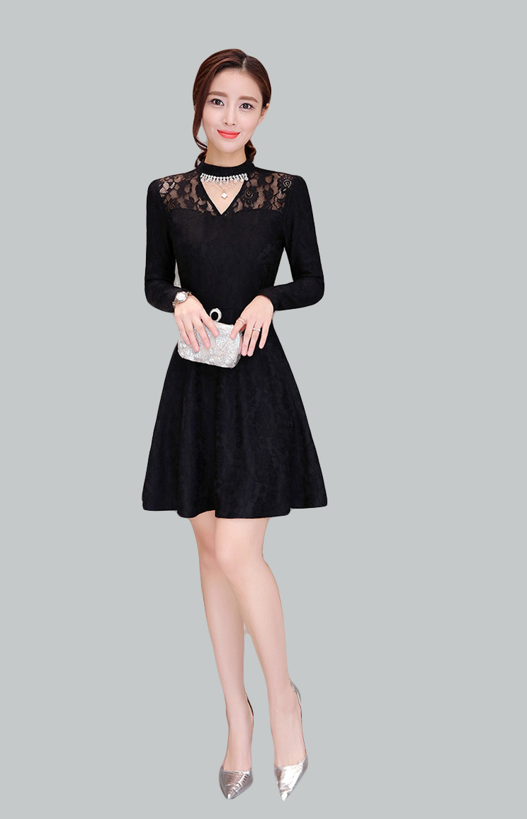 kudapy เดรสลูกไม้เนื้อหนาสีดำ แขนยาวเนื้อผ้าลูกไม้ทอลายดอกไม้สวยงาม