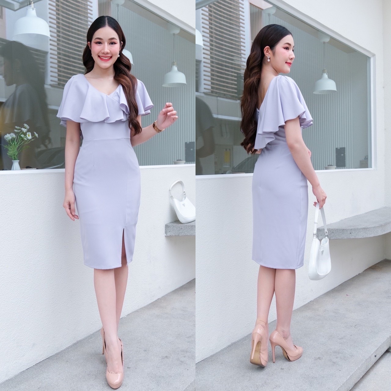 kudapy เดรสสั้นสีแดง/สีเทาอ่อน/สีกรมท่า คอวี คอระบายทรงสุภาพ ใส่ได้หลายโอกาส เนื้อผ้า Korean Crepe พริ้วลื่น เย็น ใส่สบาย