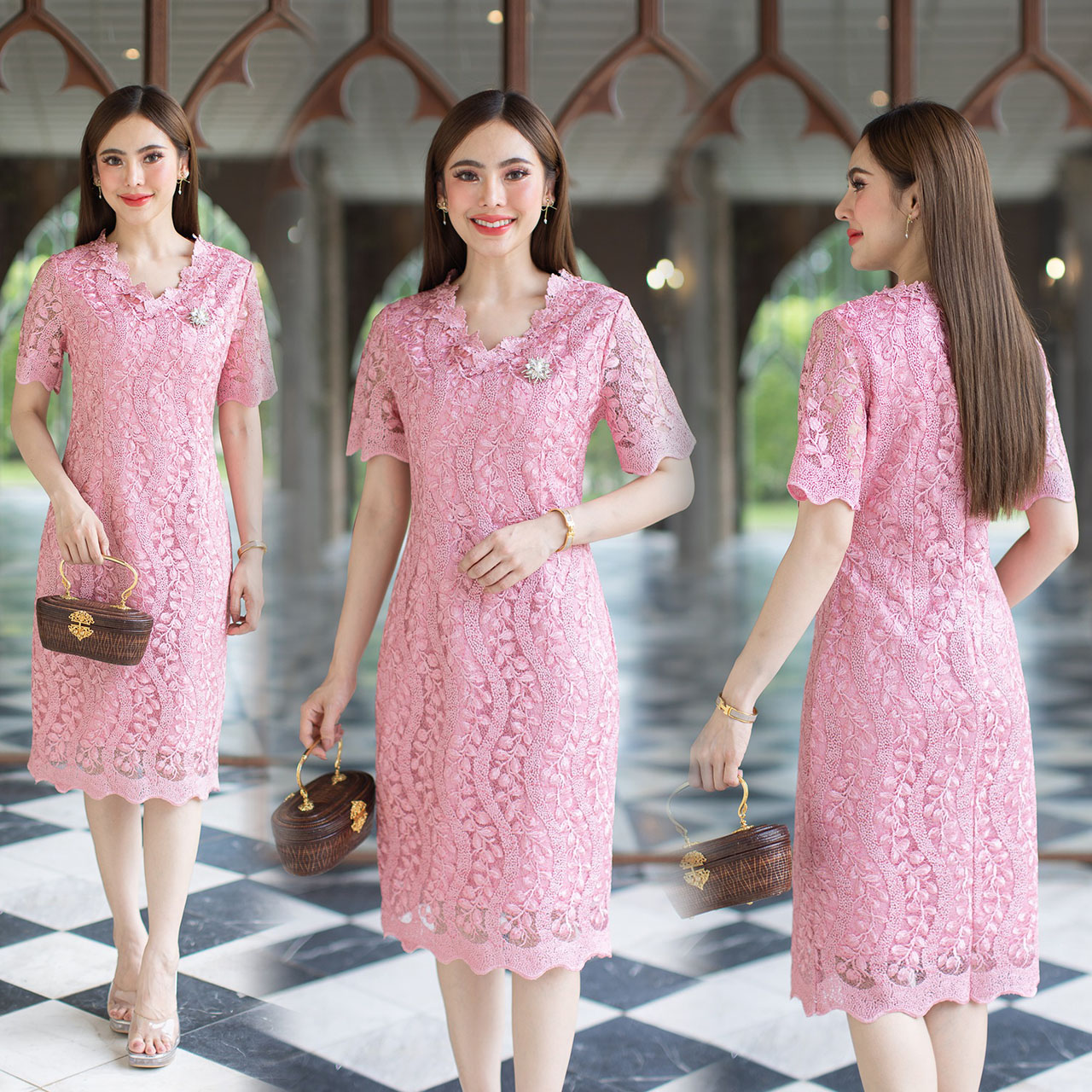 kudapy เดรสสั้นสีฟ้าคราม/สีชมพู/สีดำ เดรสออกงานลูกไม้สุดหรู ด้านหลังเป็นซิปซ่อน มีซับในทั้งชุด เนื้อผ้าอย่างดีไม่ระคายผิว