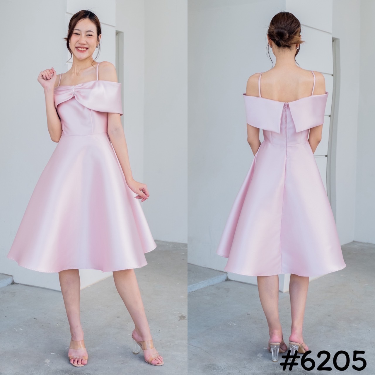 kudapy เดรสสั้น สายเดี่ยวเปิดบ่า แต่งจีบโบว์ประดับอัญมณีเม็ดโต ซิบหลัง