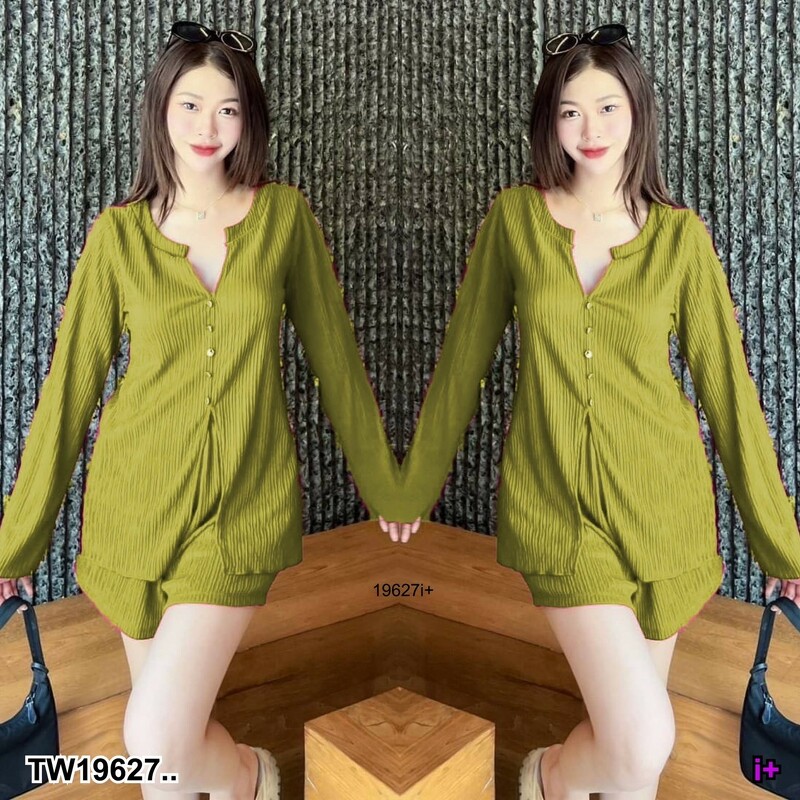 kudapy Set 2 ชิ้น เสื้อแขนยาว คอวี + กางเกงขาสั้น เสื้อแขนยาว ใส่เที่ยวทะเล