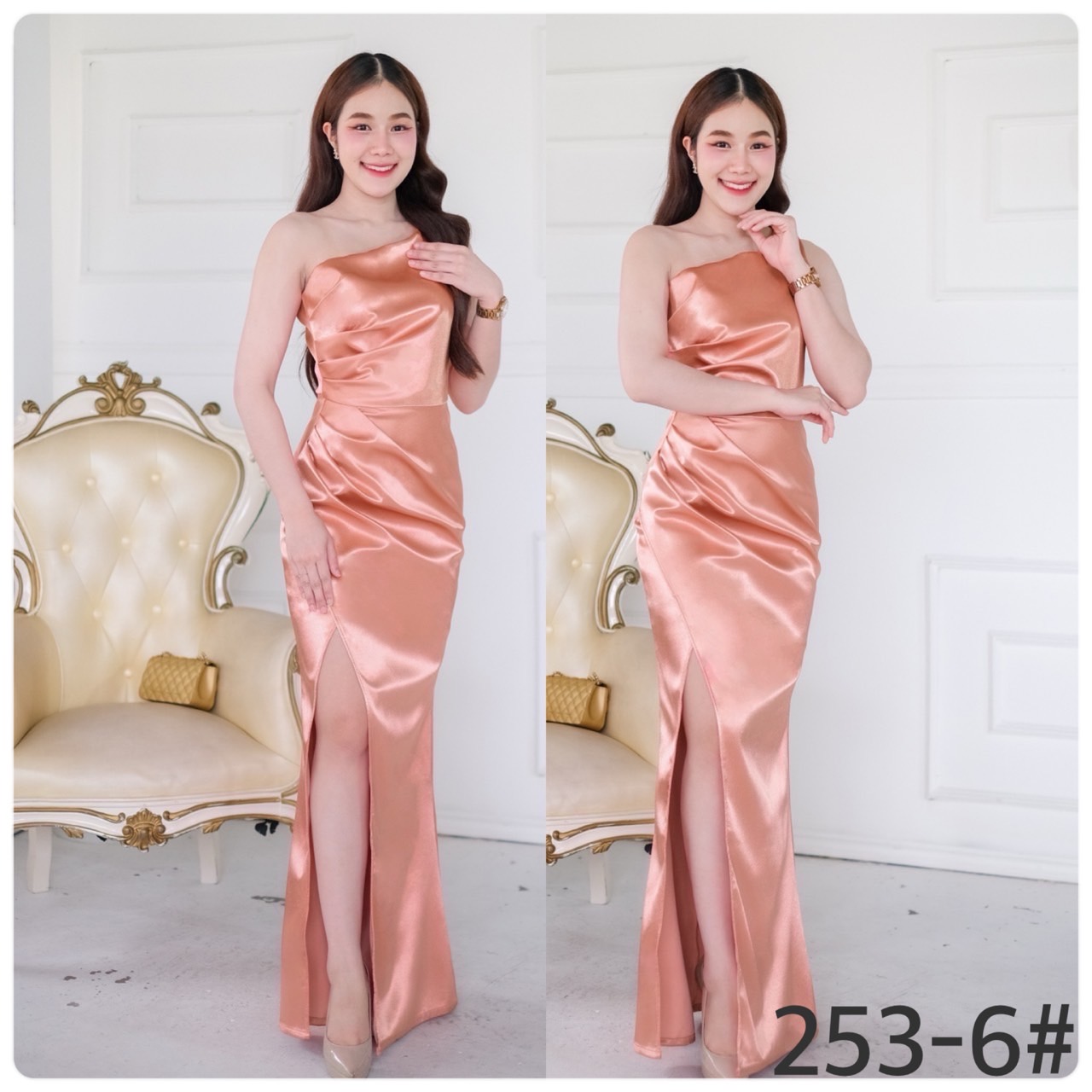 kudapy เดรสยาว บ่าเดี่ยวจับจีบช่วงเอว ผ่ากระโปรงสาบทบหน้า ผ่าข้างเดินโชว์ขา