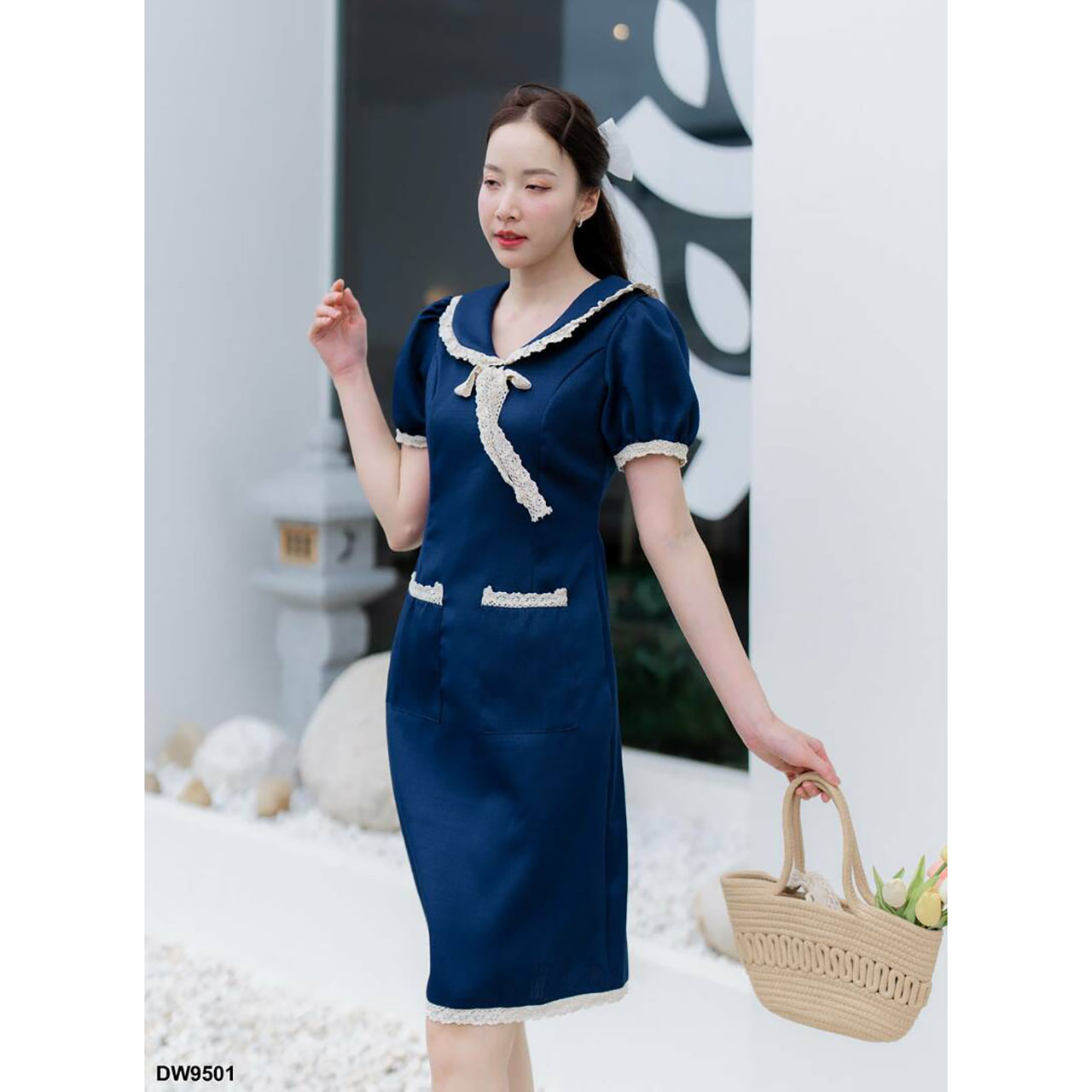 kudapy เดรสสั้สีชมพู/สีฟ้า/สีกรม คอปกแต่งลูกไม้แขนตุ๊กตา