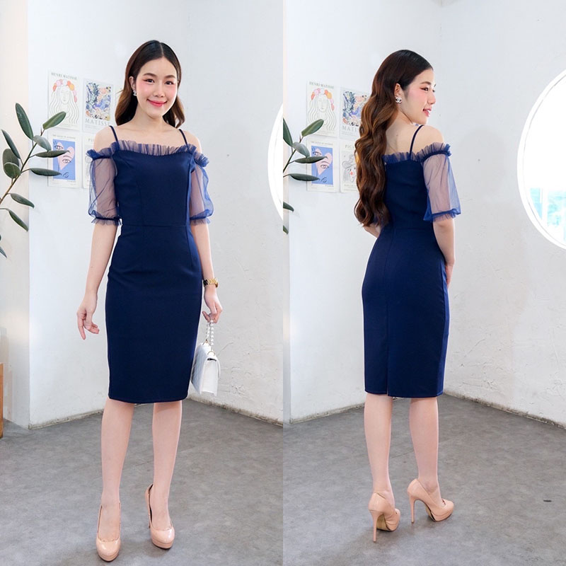 kudapy เดรสสั้นสีครีมนู๊ด กรม แดง ชมพู น้ำตาล สายเดี่ยวเปิดบ่า แต่งจีบตาข่าย แขนสามส่วนพรางๆ ซิบหลัง ใส่ง่าย น่ารักสุด