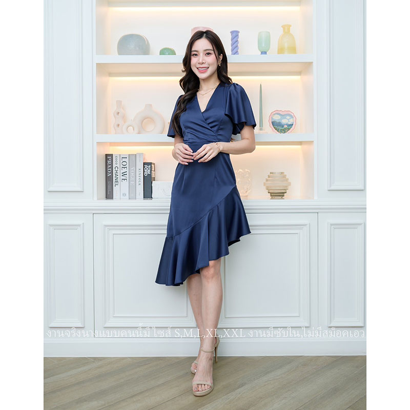 kudapy เดรสสั้นสีแดง/สีน้ำเงินกรมท่า/สีสีชมพู ออกงาน คอวีแขนระบาย ชายกระโปรงระบายสวยเก๋ แนวเรียบร้อยสวยหรูดูแพง เหมาะสำหรับใส่เป็นชุดราตรี