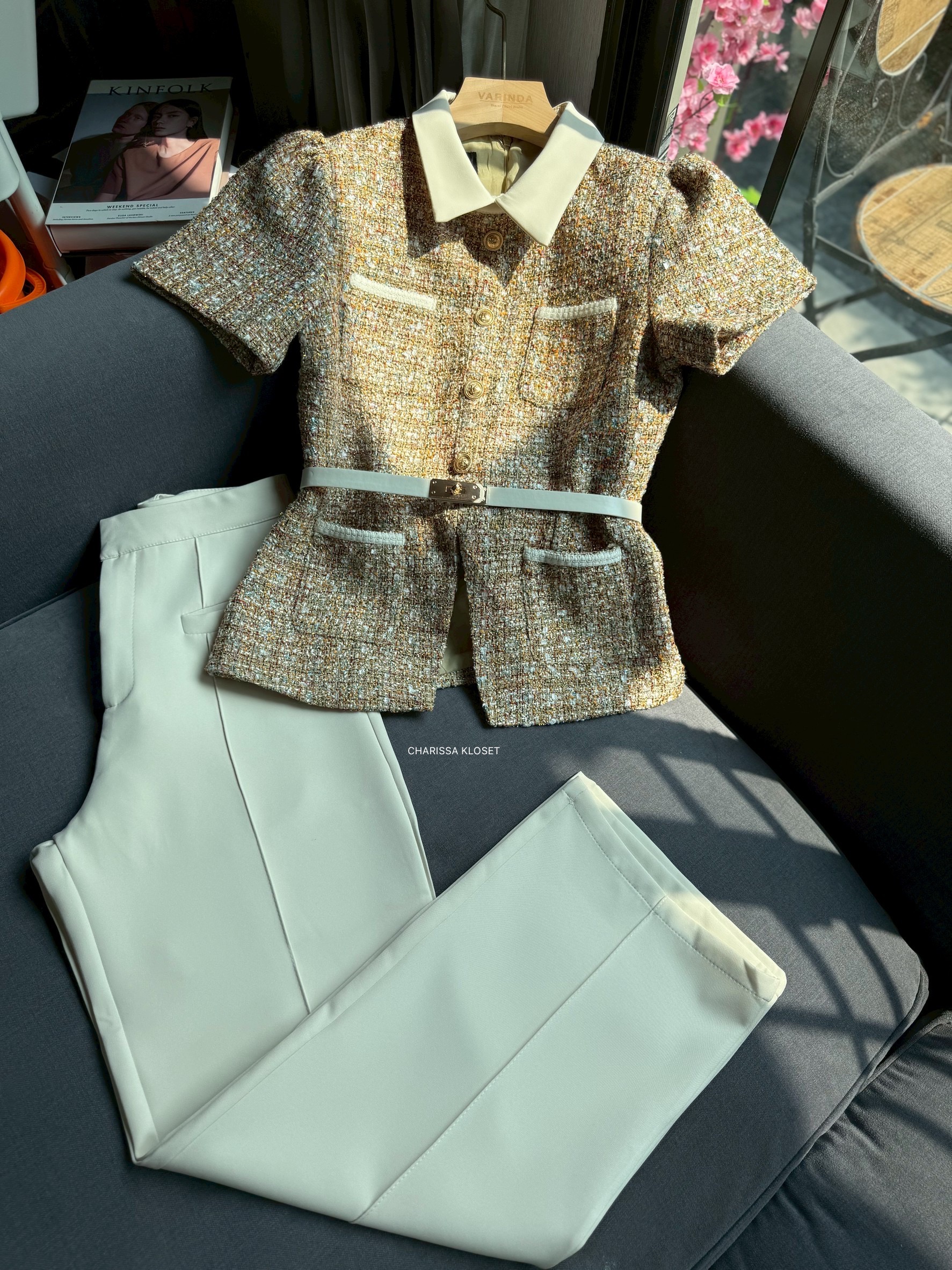 kudapy ชุดเซ็ท 3 ชิ้น เสื้อทวิตแขนสั้น + กางเกง มาพร้อมเข็มขัด เสื้อทวีตแขนสั้น คอปก