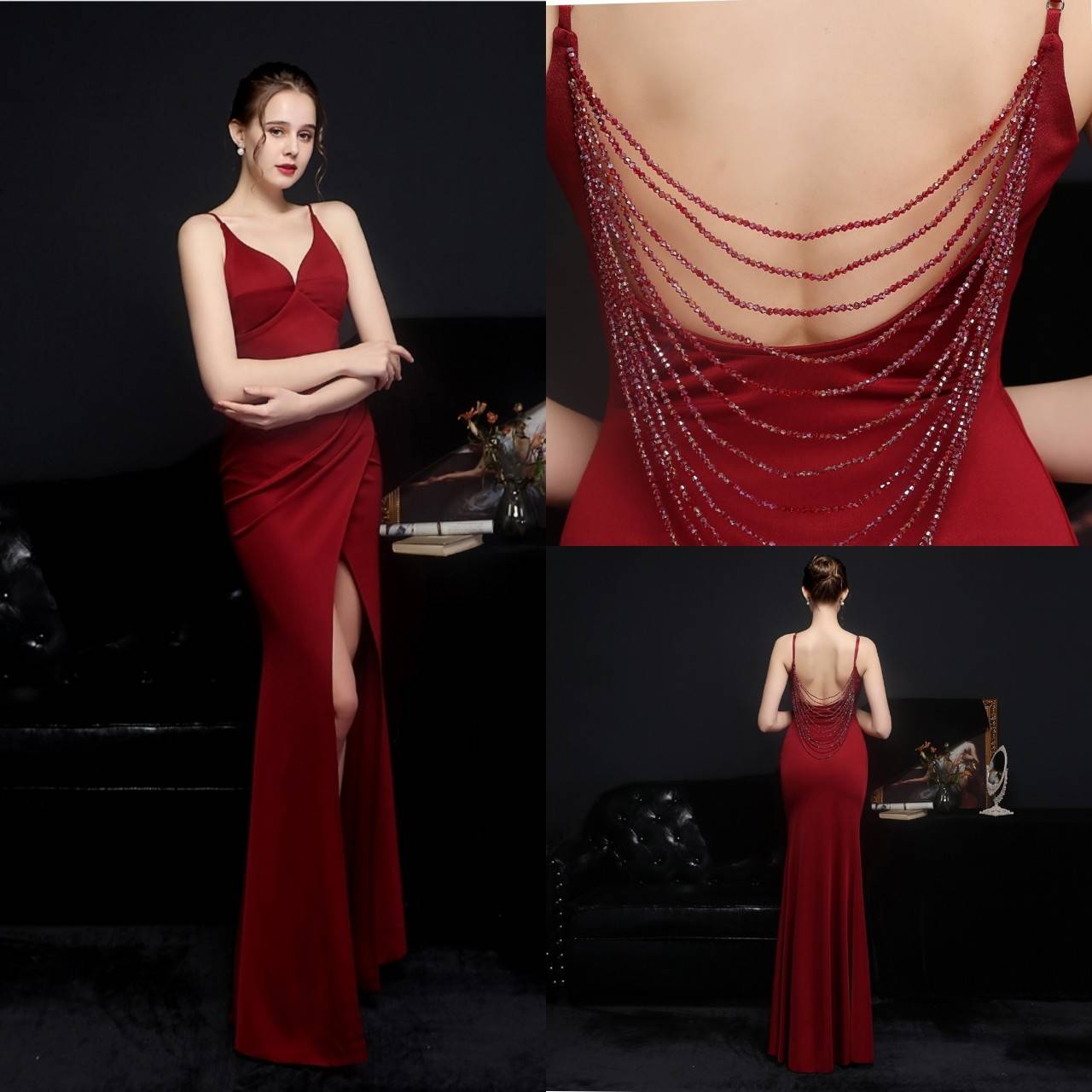 kudapy ชุดราตรียาวสายเดี่ยวเปิดหลัง สีแดง,ขาว,ดำ,ครีมทอง เดรสผ่าข้างจีบเอว ทรงเข้ารูป งานสวยจริงค่ะผ่าข้างตามแบบ