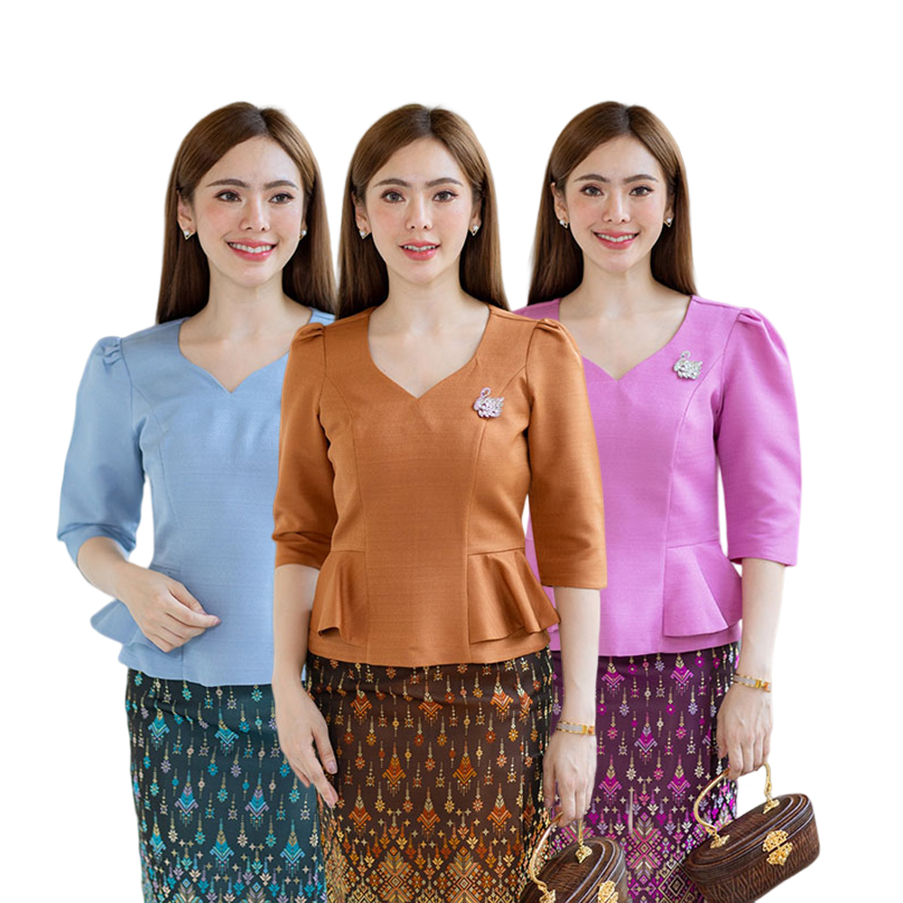 kudapy เสื้อสีฟ้า/สีม่วง/สีน้ำตาลอ่อน งานผ้าไหมฝรั่งเศสสีพื้น อัดกาวให้ทั้งตัว ทรงสวยตามแบบ การตัดเย็บเนียบ ทรงสวย ใส่สวยทุกรูปร่าง