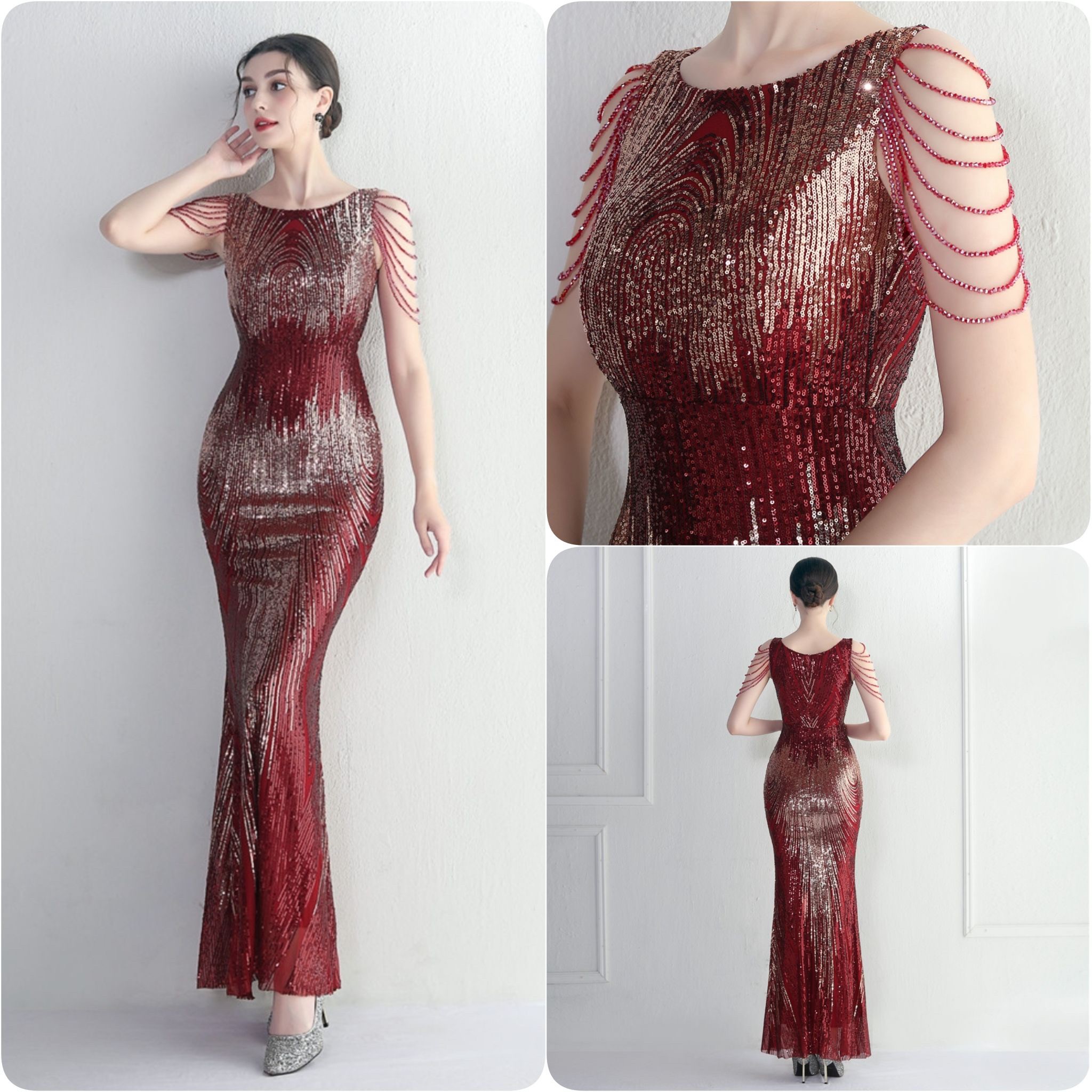 kudapy ชุดราตรียาวผ้ากริสเตอร์คอปาด แต่งลูกปัดที่ไหล่เพิ่มดีเทล สีดำ,โรสโกลด์,แดงไวน์,เขียว,สีน้ำเงิน,กรมท่า,ขาว ผ้าขยายได้ สวมเข้ารูป