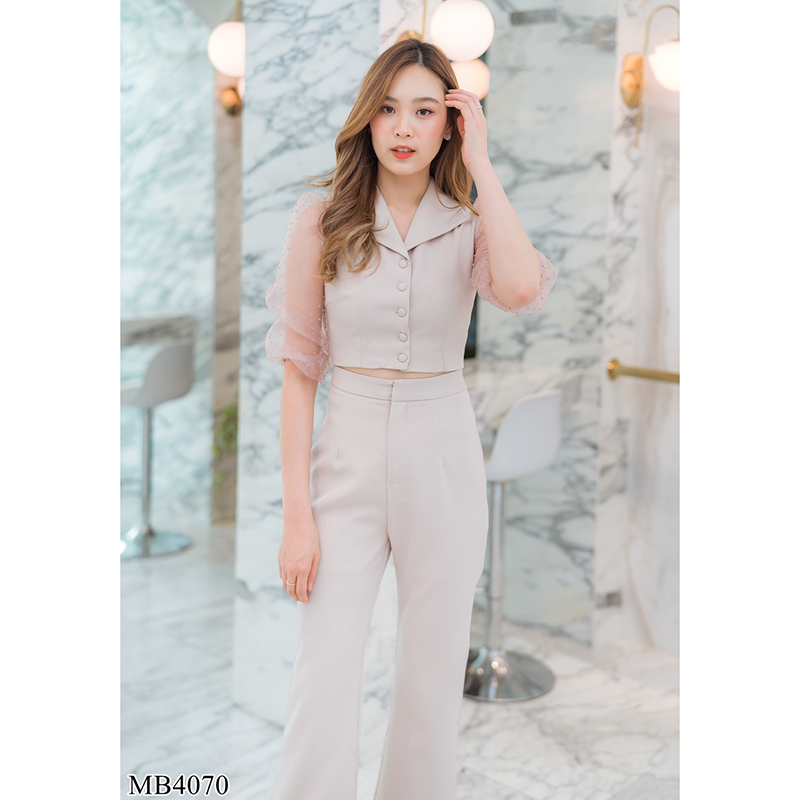 kudapy ชุดเซทเสื้อแขนยาวชีฟองสีดำ/สีครีม เข้าชุดกับการเกงขายาว ใส่สวยดูดี