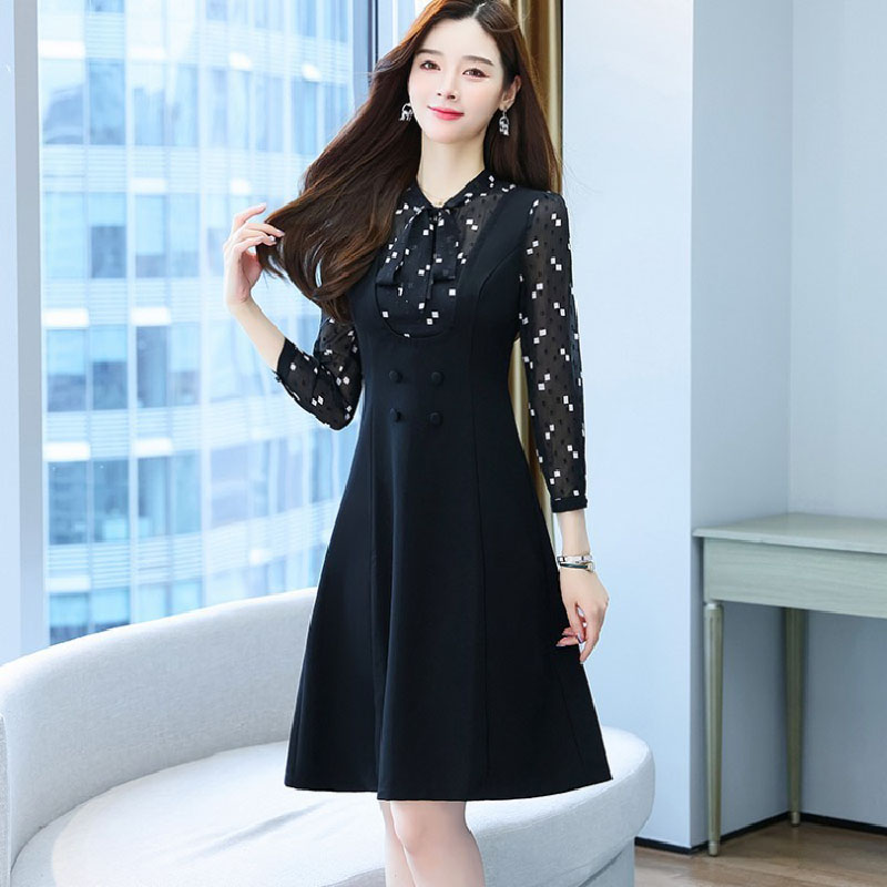 kudapy เดรสสั้นสีดำ ผูกโบว์ แขนยาว กระโปรงคลุมเข่า แนวเรียบร้อย สวยสง่า ใส่ดูดี