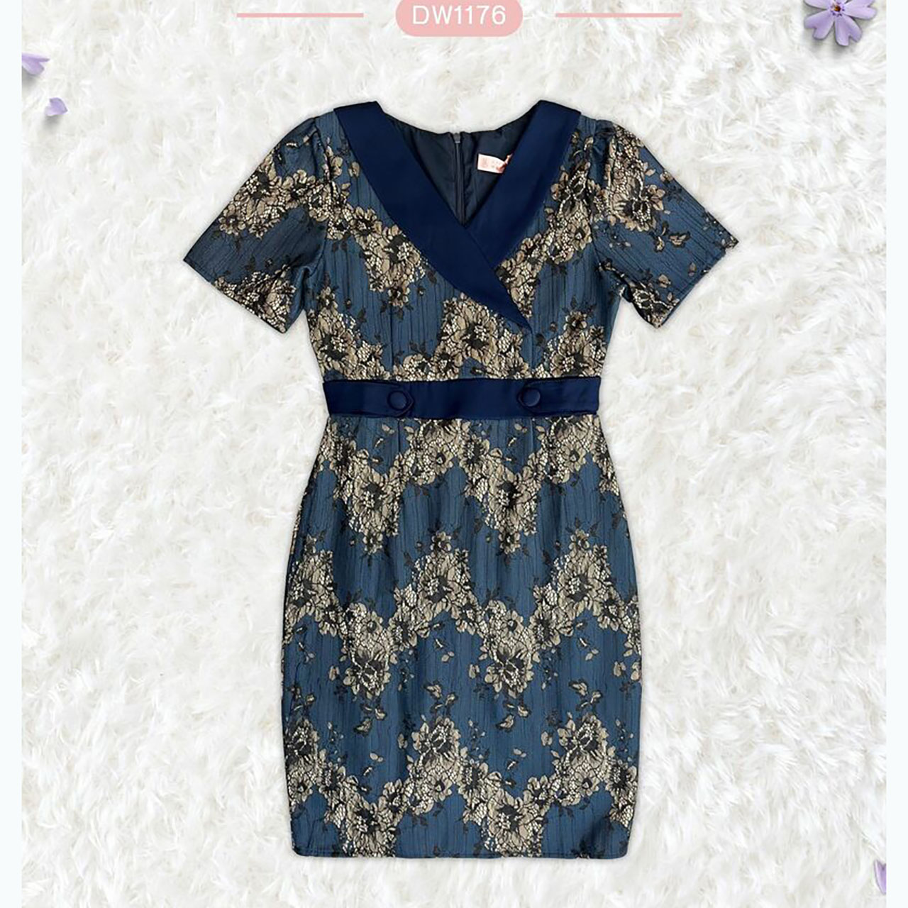 kudapy เดรสสั้นสีชมพู/สีกรม/สีฟ้า สูทแต่งกระดุมเอว ผ้าลูกไม้ ใส่ออกงานสวยดูดี