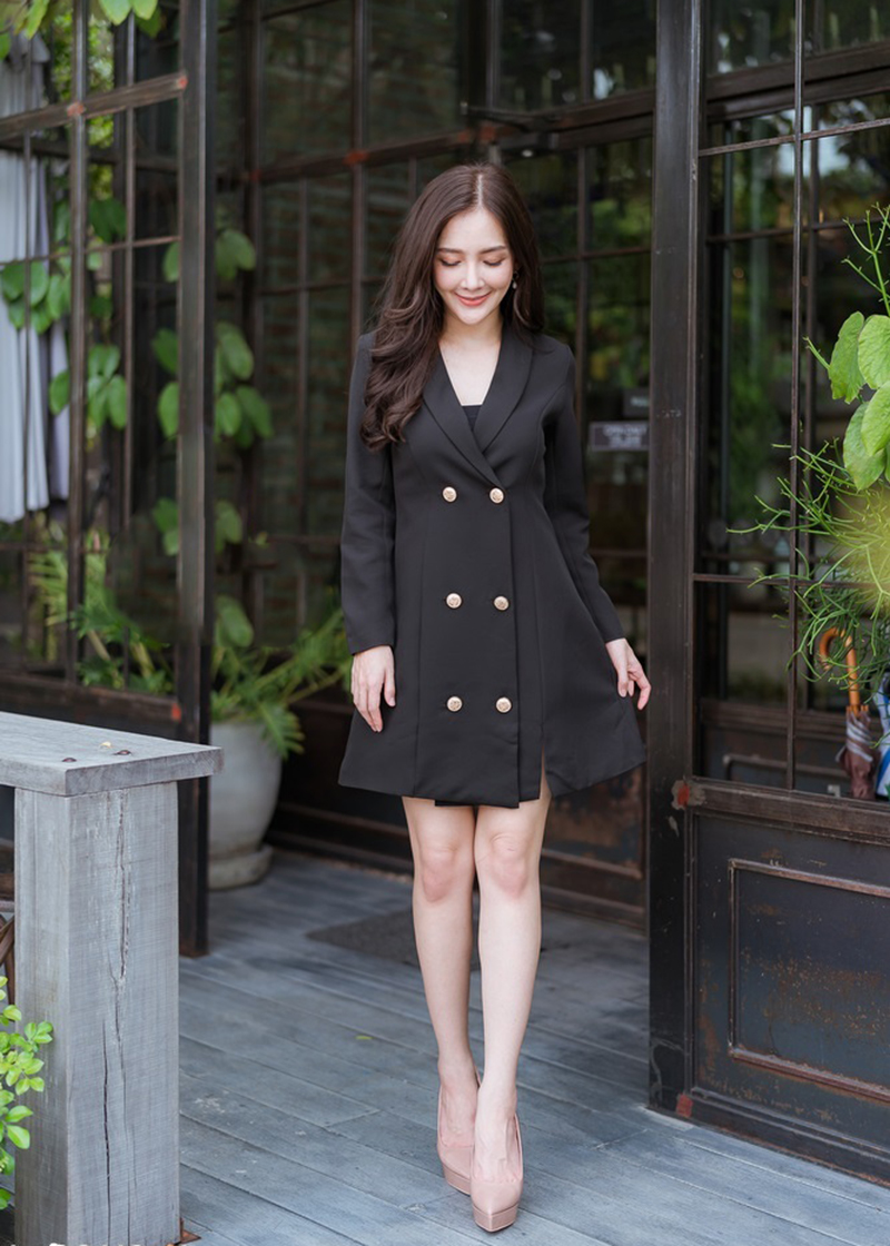 เดรสสั้นทรงสูทสีดำ ดีเทลเปิดหน้าได้ ใส่ทำงาน ใส่เที่ยวได้หมด 2XL