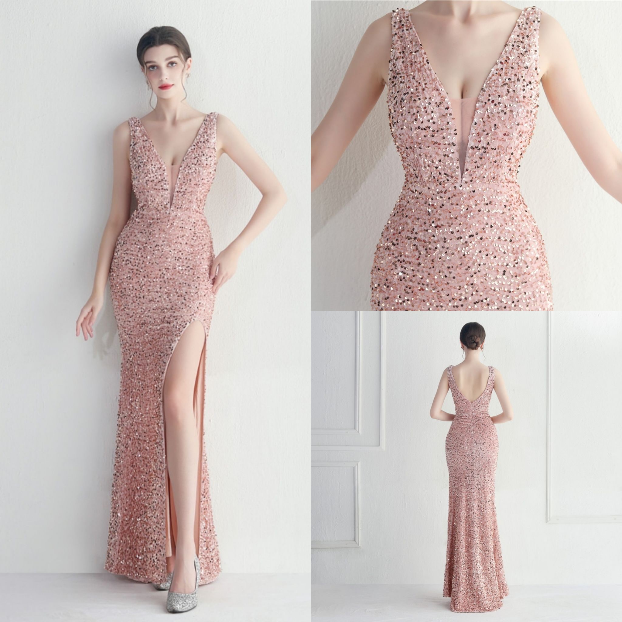 kudapy ชุดราตรียาวผ้ากริสเตอร์ คอวี แขนกุด โชว์หลัง ผ้าแต่งเพชร สีทองโรสโกลด์,สีเขียว,สีแดงเบอร์กันดี้,สีฟ้า,สีดำ,สีชมพู,สีน้ำเงินดิ้นทอง