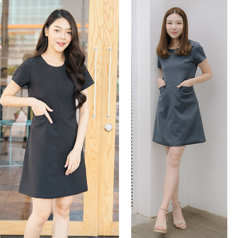 kudapy ชุดเดรสสั้นสีดำ,สีเทา กระเป๋าจริง2ฝั่งด้านข้าง คัทติ้งตัดต่อกลางลำตัวและดีไซน์ซ่อนกระเป๋า