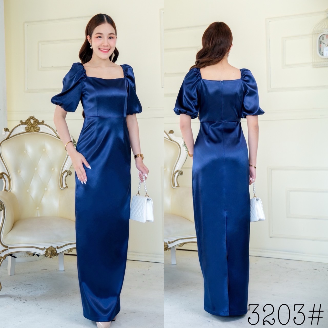 kudapy เดรสราตรียาว คอเหลี่ยม แขนสั้นจับพอง ใส่ได้สองแบบ เปิดบ่า แขนสั้น กระโปรงทรงสอบยาว ซิปหลัง