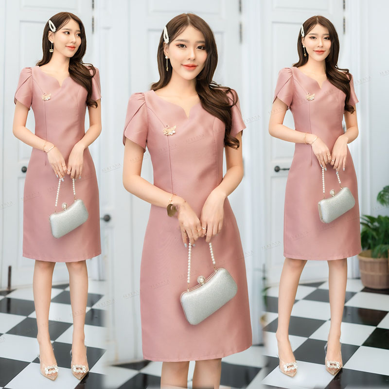 kudapy เดรสสั้นสีพิ้งโกล์ด/สีชมพูกะปิ/สดำ ผ้าไหมญี่ปุ่นอัดกาว คอหัวใจ ทรงแขนทิวลิป ตัวชุดมีซับในให้อย่างดีมาพร้อมซิปซ่อนหลังผ่าหลังเล็กน้อย