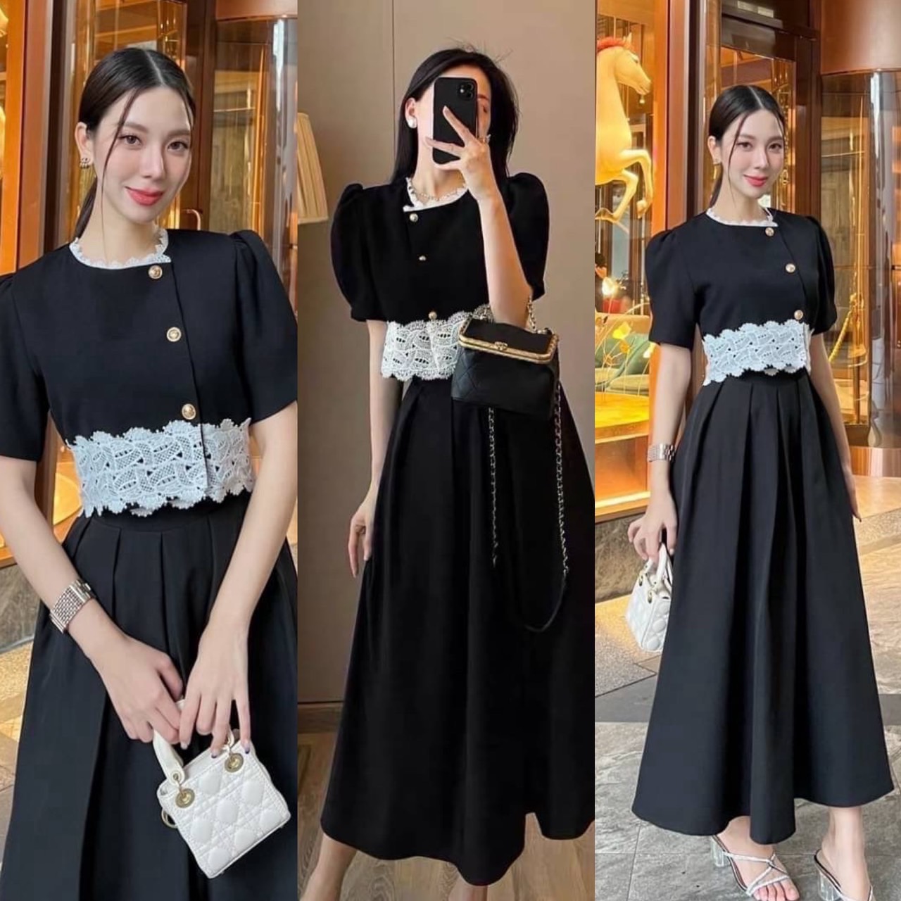 kudapy ชุดเซ็ทเสื้อครอปสีดำแต่งชายลูกไม้สีขาว แต่งกระดุมจริงสีทอง แขนสั้นทรงตุ๊กตา+กระโปรงยาวสีดำ