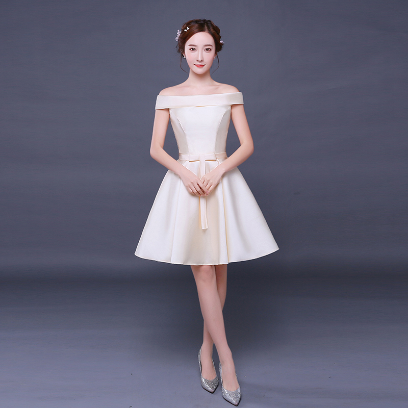 kudapy ชุดราตรีสั้นสีน้ำเงิน/ครีม แบบไหล่ปาด สไตล์วินเทจผ้าไหมดัชเชส กระโปรงทรงA แต่งโบว์2ชั้น ช่วงเอว (เชือกผูกหลัง)