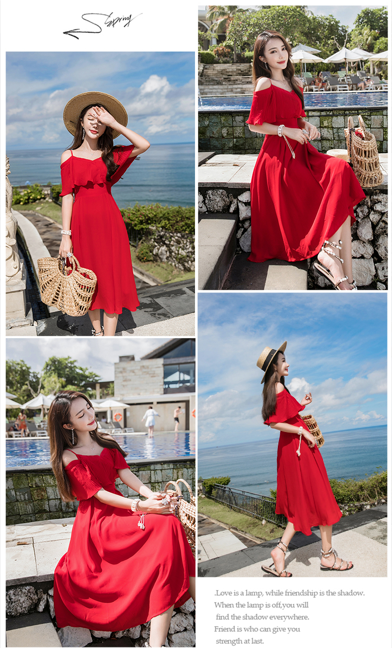 ชุดแมกซี่เดรสยาวคลุมเข่า สายเดี่ยวแต่งระบาย สีแดง เดรสเที่ยวละเล เดรสใส่เที่ยวชิวๆ XL