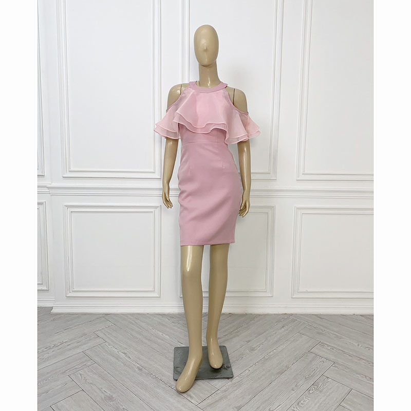 kudapy เดรสสั้นสีชมพู/สีกรม/สีฟ้า/สีโอวันติน มินิเดรสเว้าไหล่แต่งระบาย