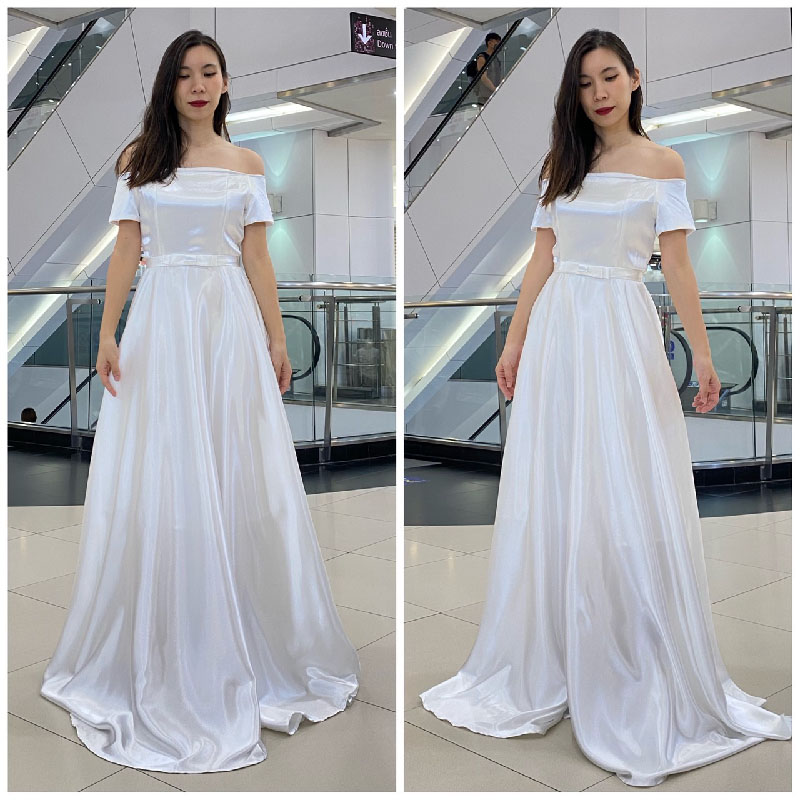 kudapy เดรสยาวสีขาว เจ้าสาว ชุดถ่ายพรีเวดดิ้ง เปิดบ่า แขนสั้น พร้อมเข็มขัด กระโปรงบานเจ้าหญิง