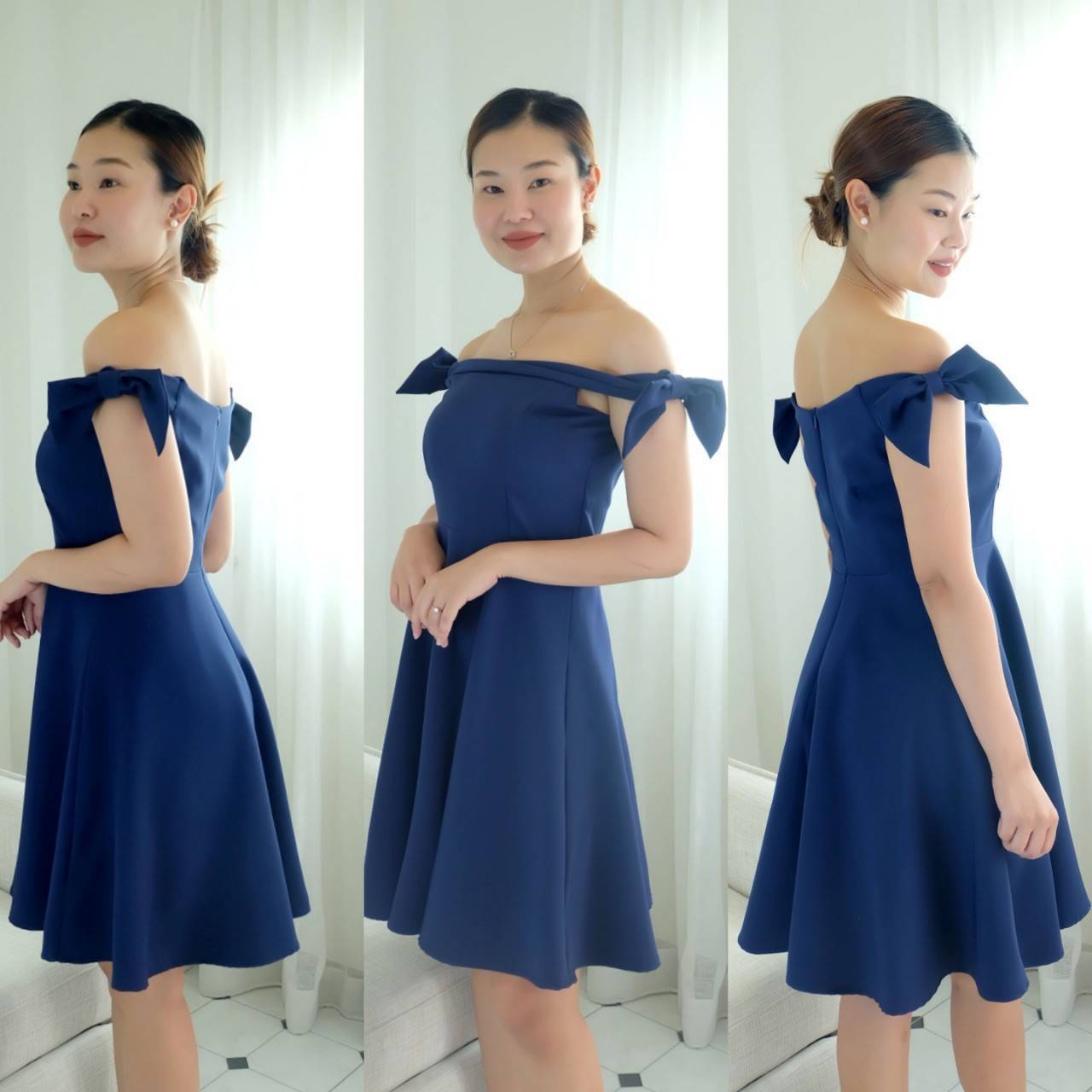 kudapy เดรสสั้นออกงานสายเดี่ยว แต่งโบว์ เดรสออกงานทรงระบาย ผ้าเบเป้ ยาว 35 นิ้ว