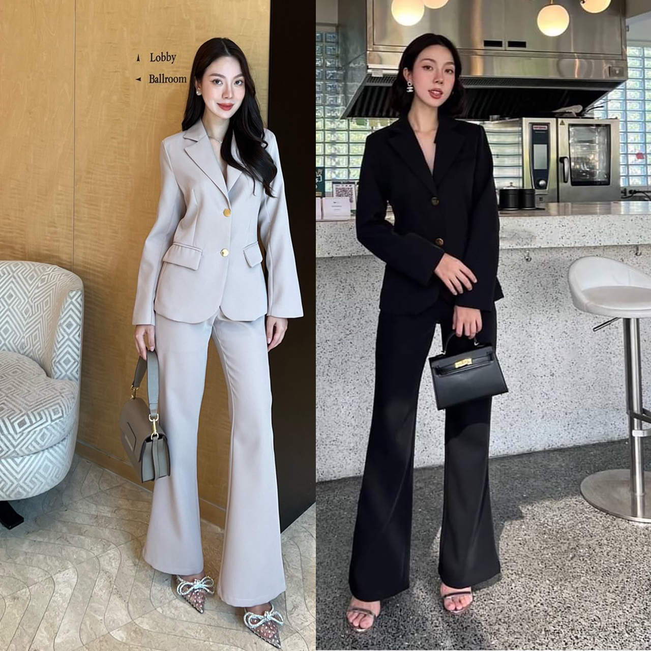 kudapy setsuit เสื้อ+กางเกง ตัวเสื้อแต่งกระดุมทอง 2 เม็ดติดได้ มีซับในทั้งตัว ปลายแขนเสื้อแต่งกระดุมทองเม็ดเล็ก