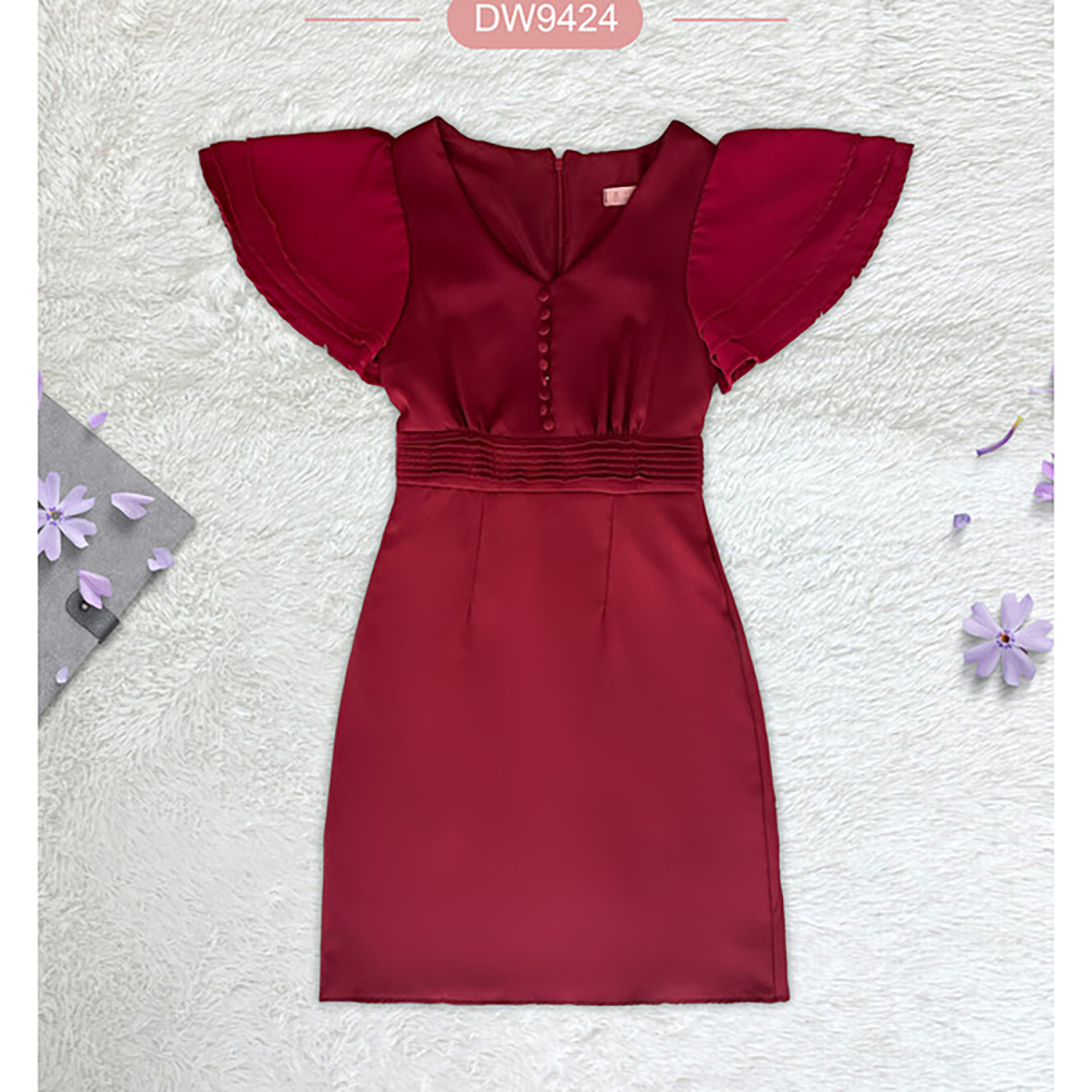 kudapy เดรสสั้นสีแดง/สีกรม/สีน้ำตาล/สีชมพู แขนกระดิ่งกระดุมหลายเม็ด