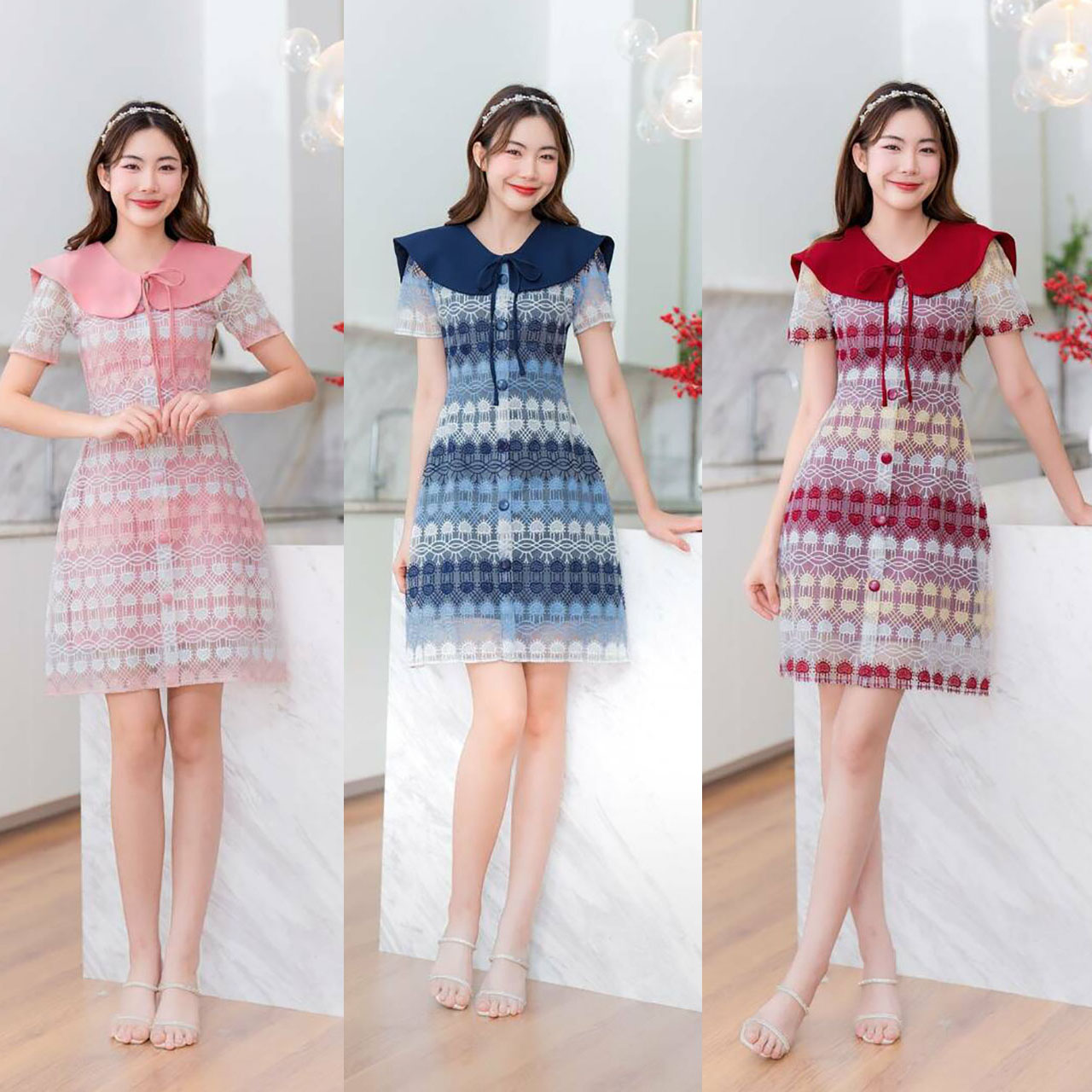 kudapy เดรสสั้น ลูกไม้ชั้นหัวใจคอปก ผ้าเบาใส่สบายตัว