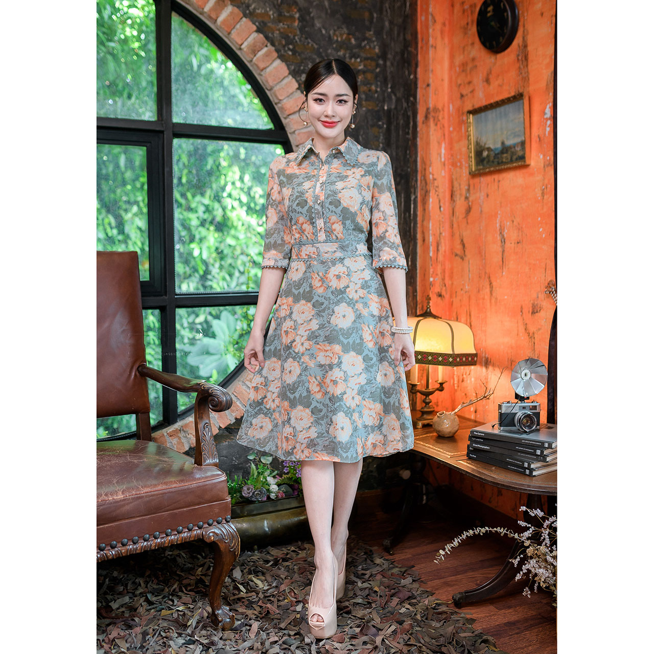 kudapy เดรสสั้นสีฟ้า/สีส้ม สไตล์เชิ้ต สวยเท่คอปก งานผ้าชีฟองลายดอกไม้