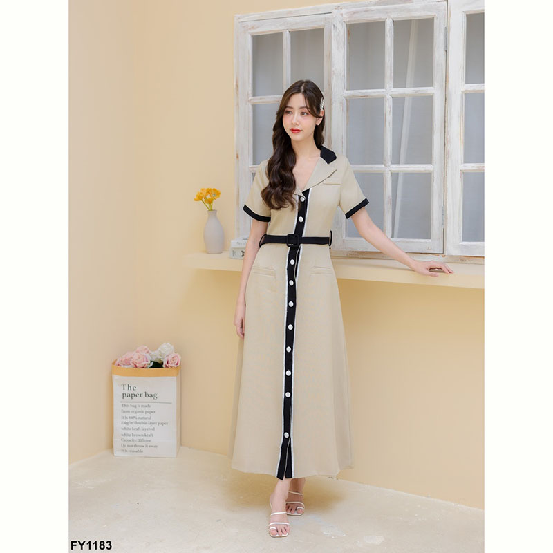 kudapy เดรสยาวสีชมพู/สีครีม/สีดำ เนื้อผ้าอย่างดี มาในทรงคลาสสิคที่ใส่ได้ตลอด สไตล์ติดกระดุมหน้า สีโทนสุภาพแต่งคอปกสุดชิค