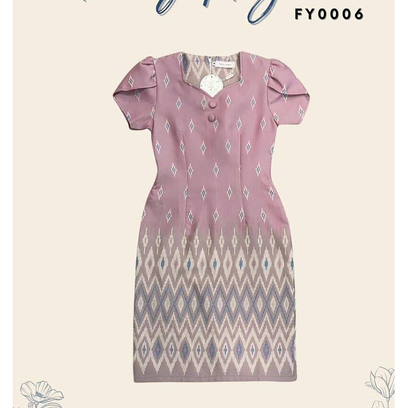 kudapy เดรสสั้นสีฟ้า/สีครีม/สีชมพู ผ้าทอแขนกลีบบัว ผ้าลายไทย ใส่ออกงานสวยดูดี
