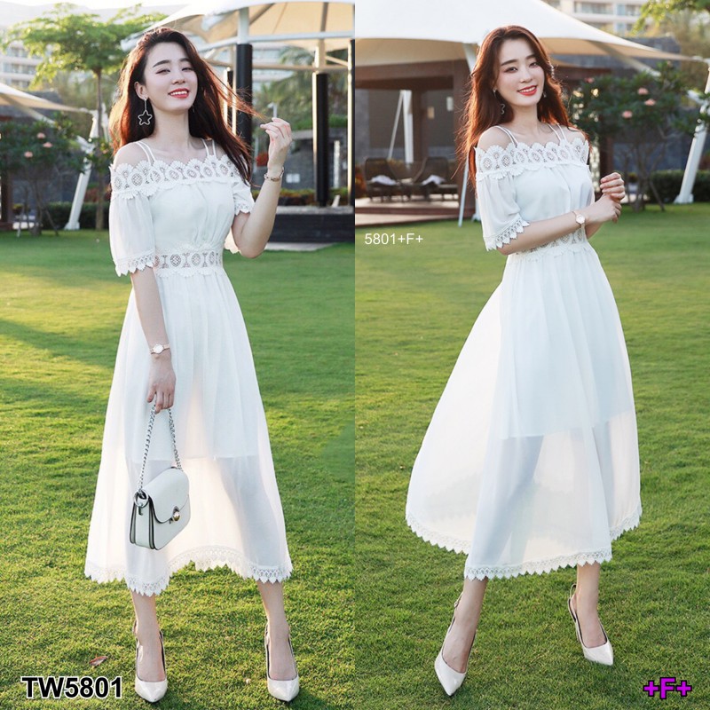 kudapy เดรสตัวยาวสีขาว ชมพู ดำ แดง เหลือง สายเดี่ยว2เส้น ดีไซน์ปาดไหล่ ผ้าชีฟอง ปาดไหล่ลูกไม้ถักทออย่างละเอียด