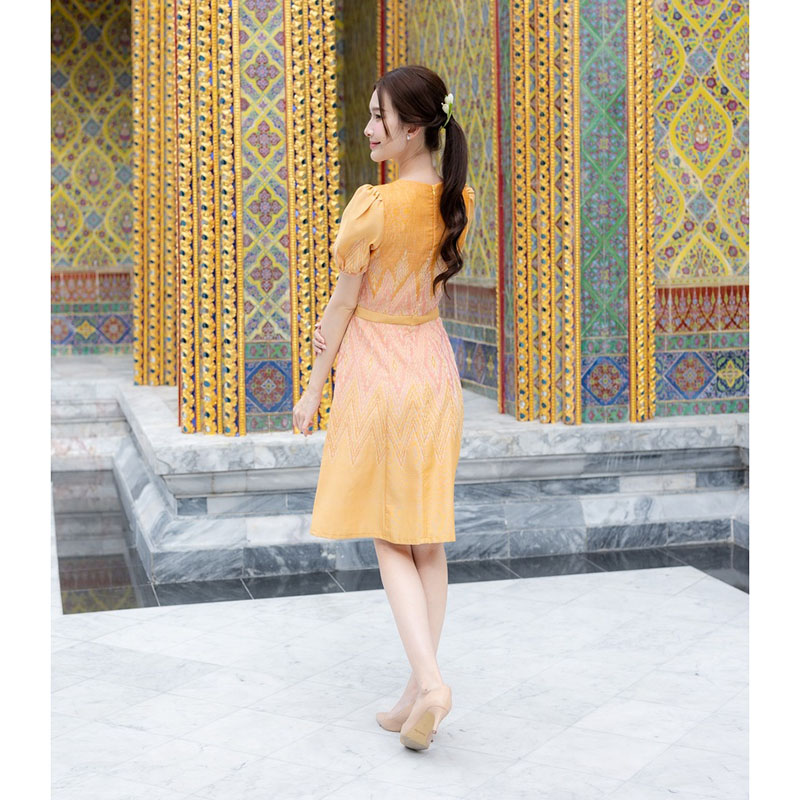kudapy เดรสสั้นสีฟ้า/สีส้ม ผ้าทอทรงบ้านโบว์หน้า ลายไทย ใส่ออกงาน สวยดูดี