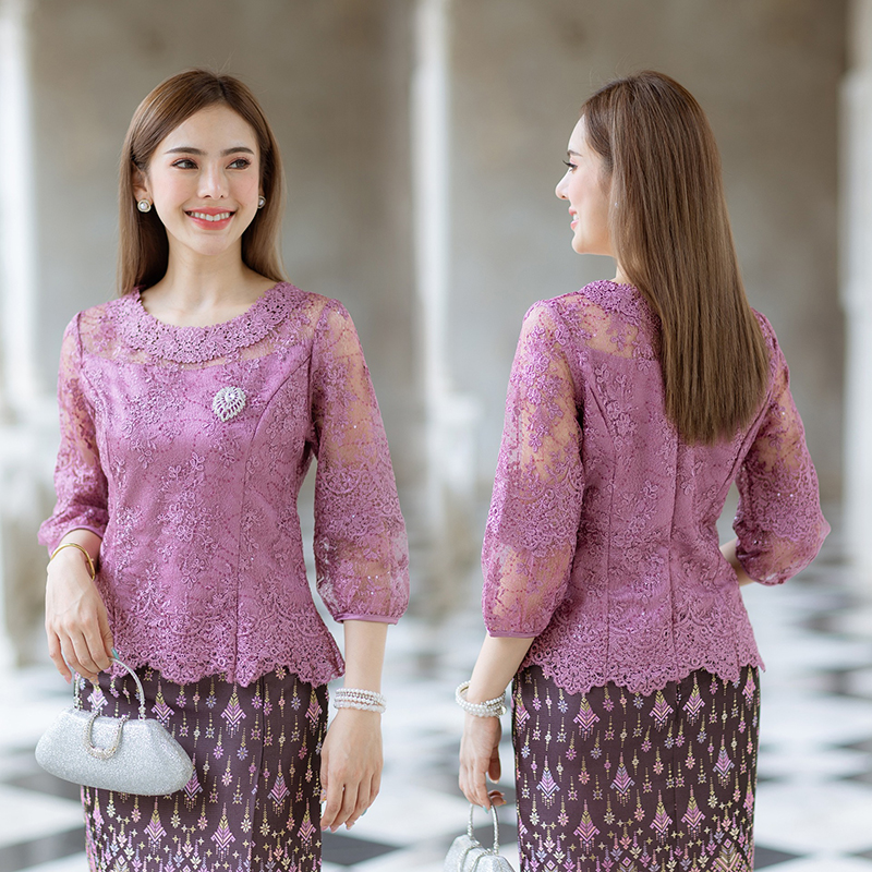 kudapy (เฉพาะเสื้อ) เสื้อลูกไม้ฝรั่งเศษแขนบอลลูน สีม่วง/สีฟ้า/สีชมพู คอกลม แขนสาวมส่วนทรงบอลลูนน่ารักมาก