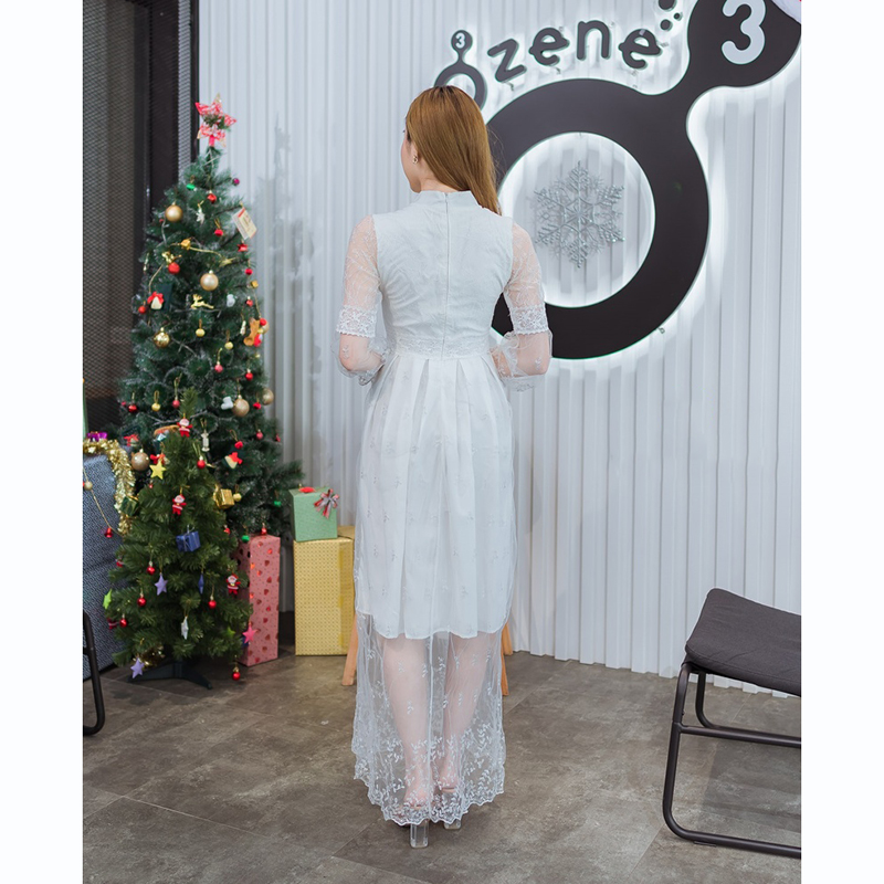 kudapy เดรสยาวสีแดง/สีชมพู/สีขาว คอจีนแขนลูกไม้ซีทรู สวยดูดีน่าารัก