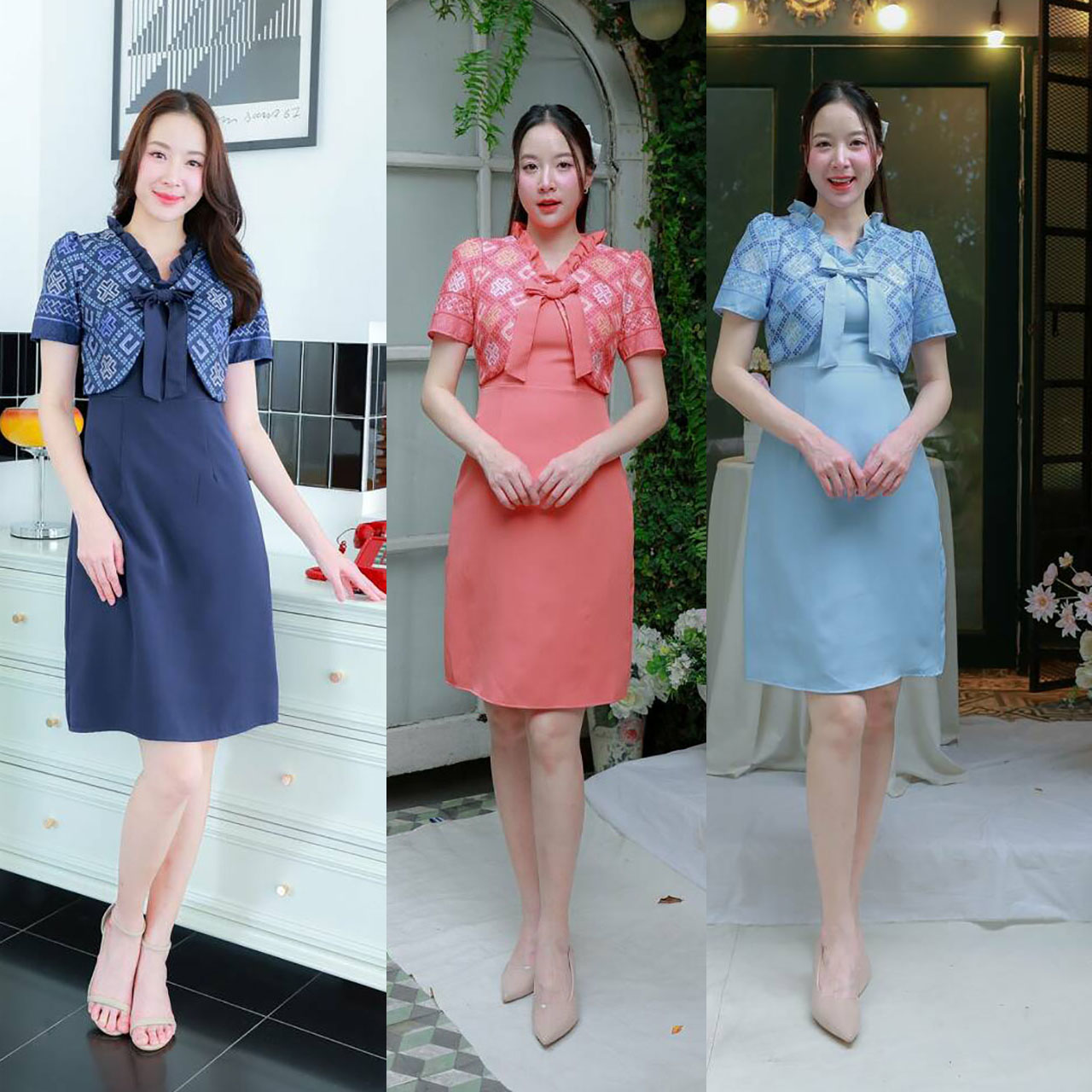 kudapy เดรสสั้น คอวีแต่งโบว์กระโปรงทรงเอ เสื้อายไทยสวยดูดี ใส่ออกงานสวยน่ารัก